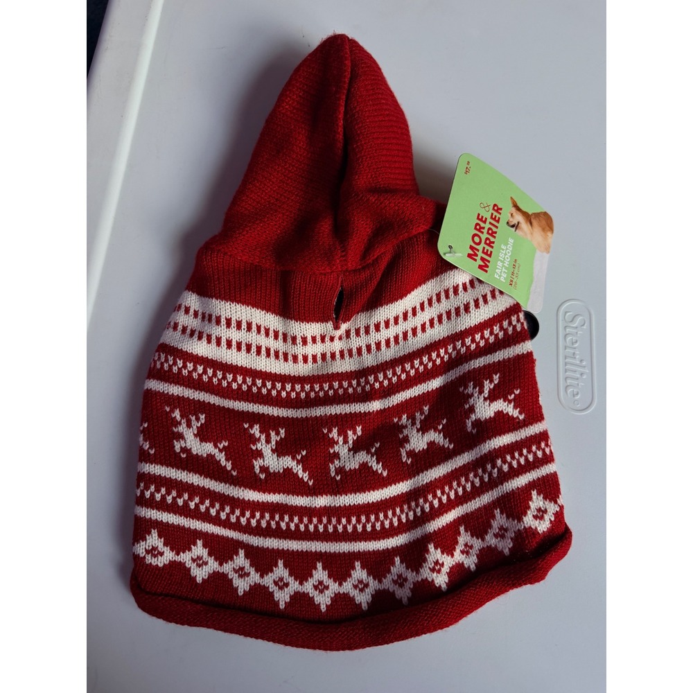 More & Merrier Fair Isle Pet Hoodie XS Red New Holiday Reindeer Dog Sweater